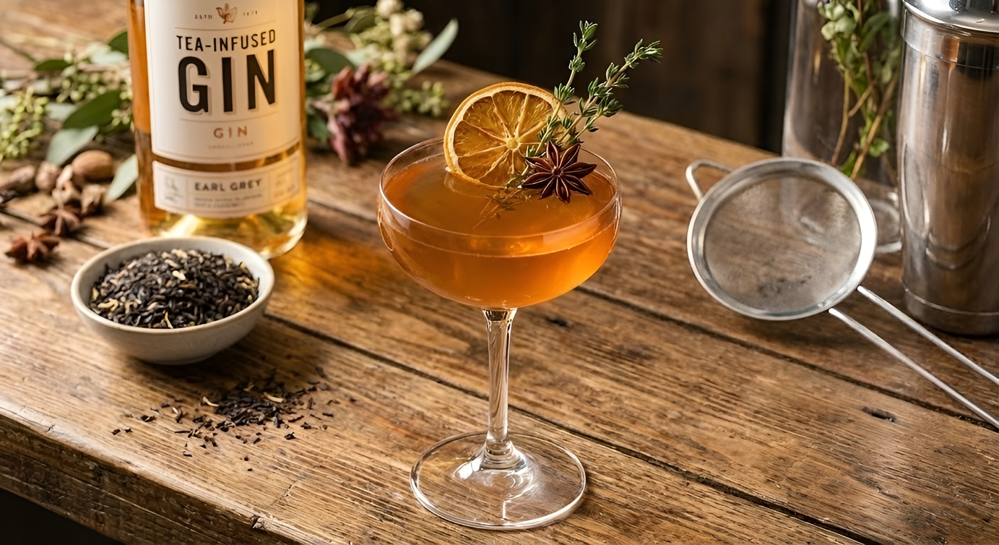 A bottle of pale green tea infused gin