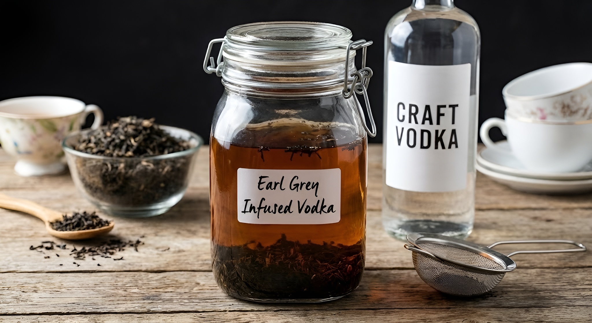 A bottle of amber tea infused vodka