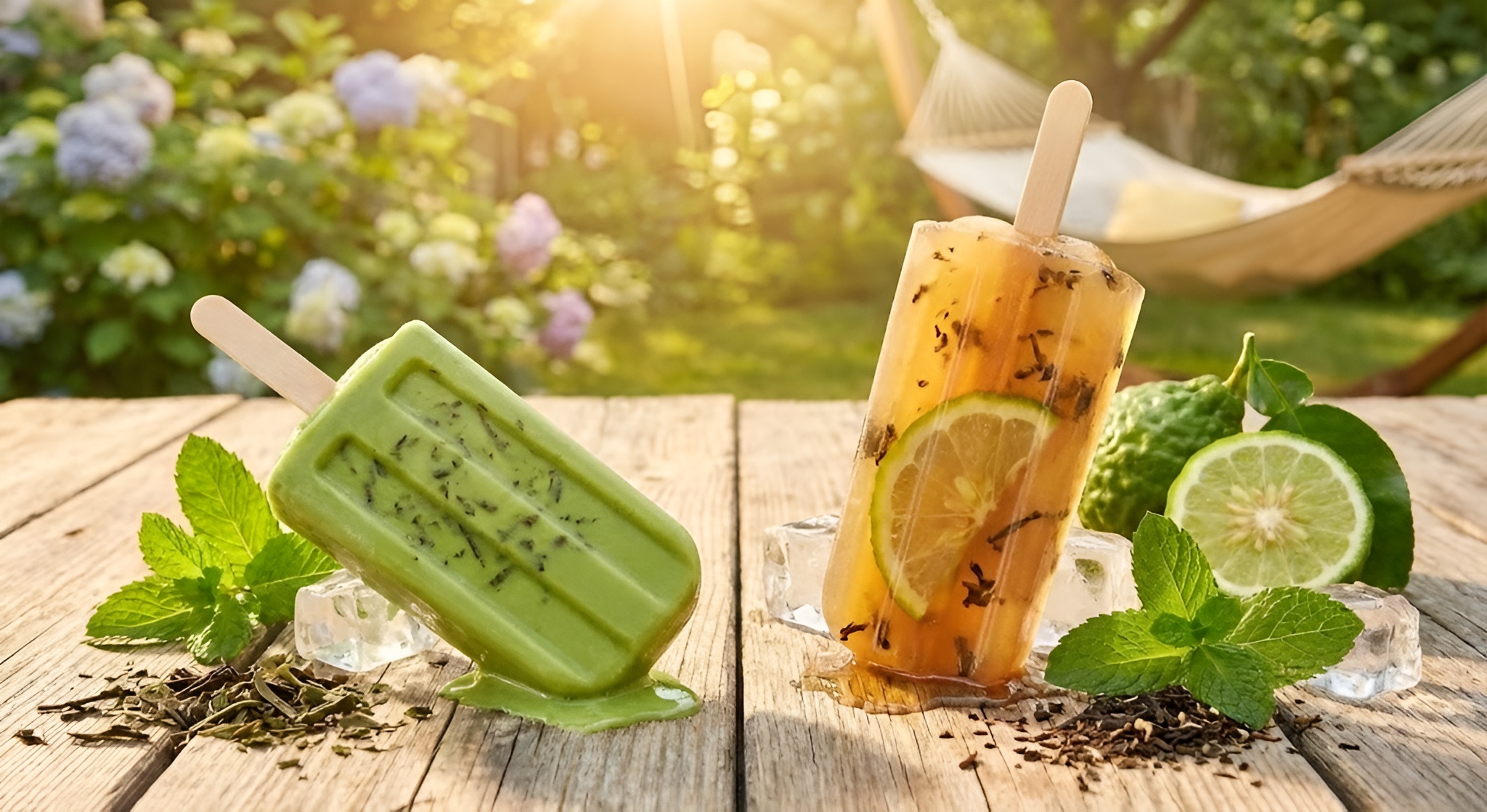 Green matcha popsicles next to amber earl grey popsicles on ice
