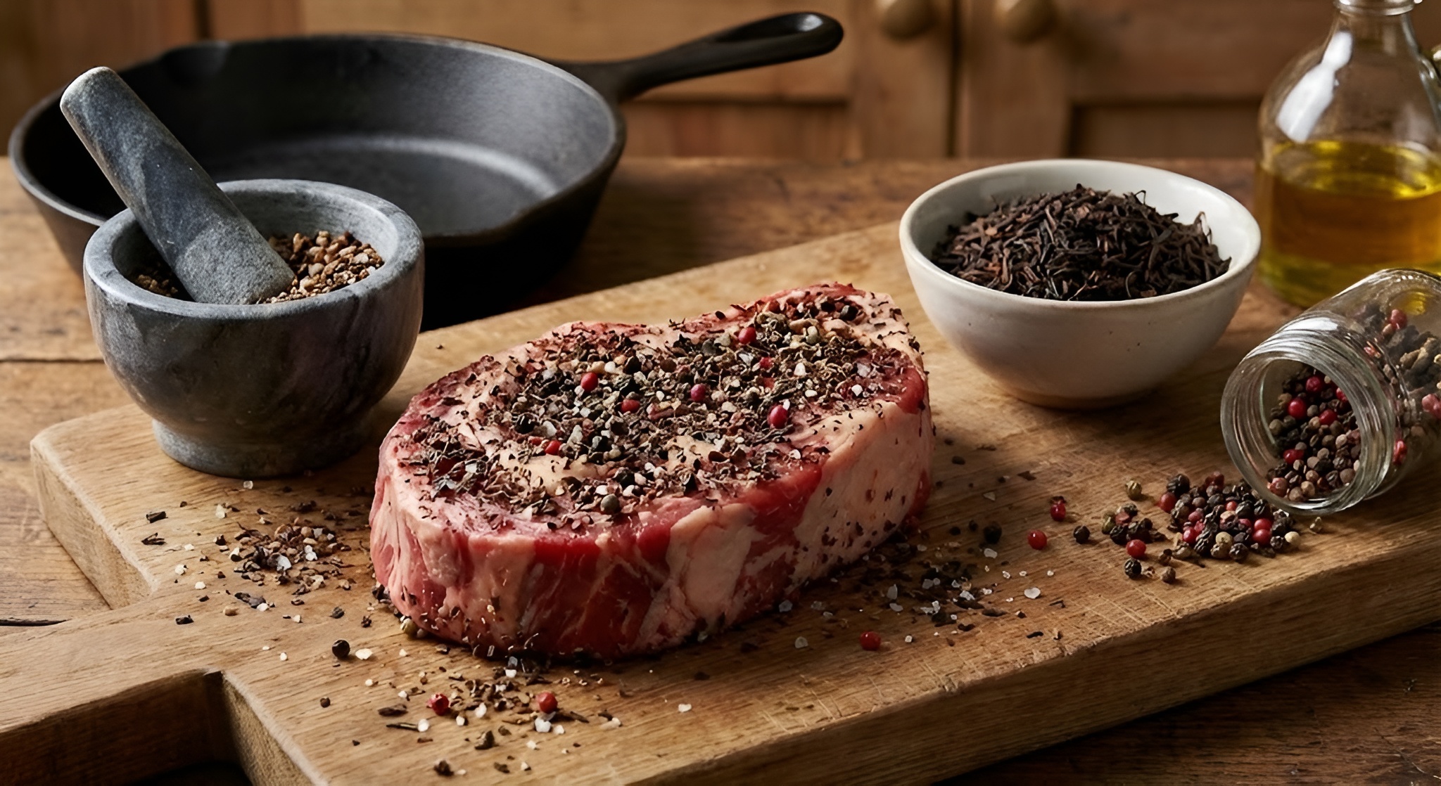 A perfectly seared steak with a dark tea-crust on a cutting board.