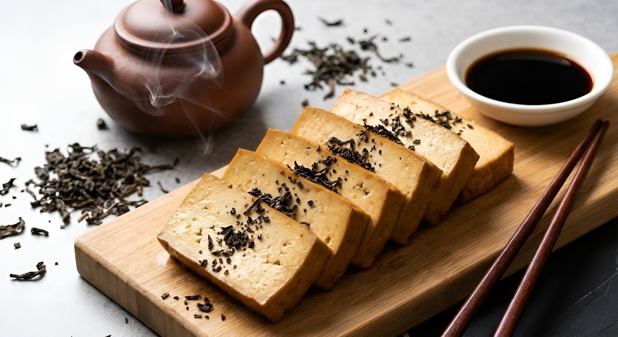 Golden brown smoked tofu slices on a cutting board with tea leaves.