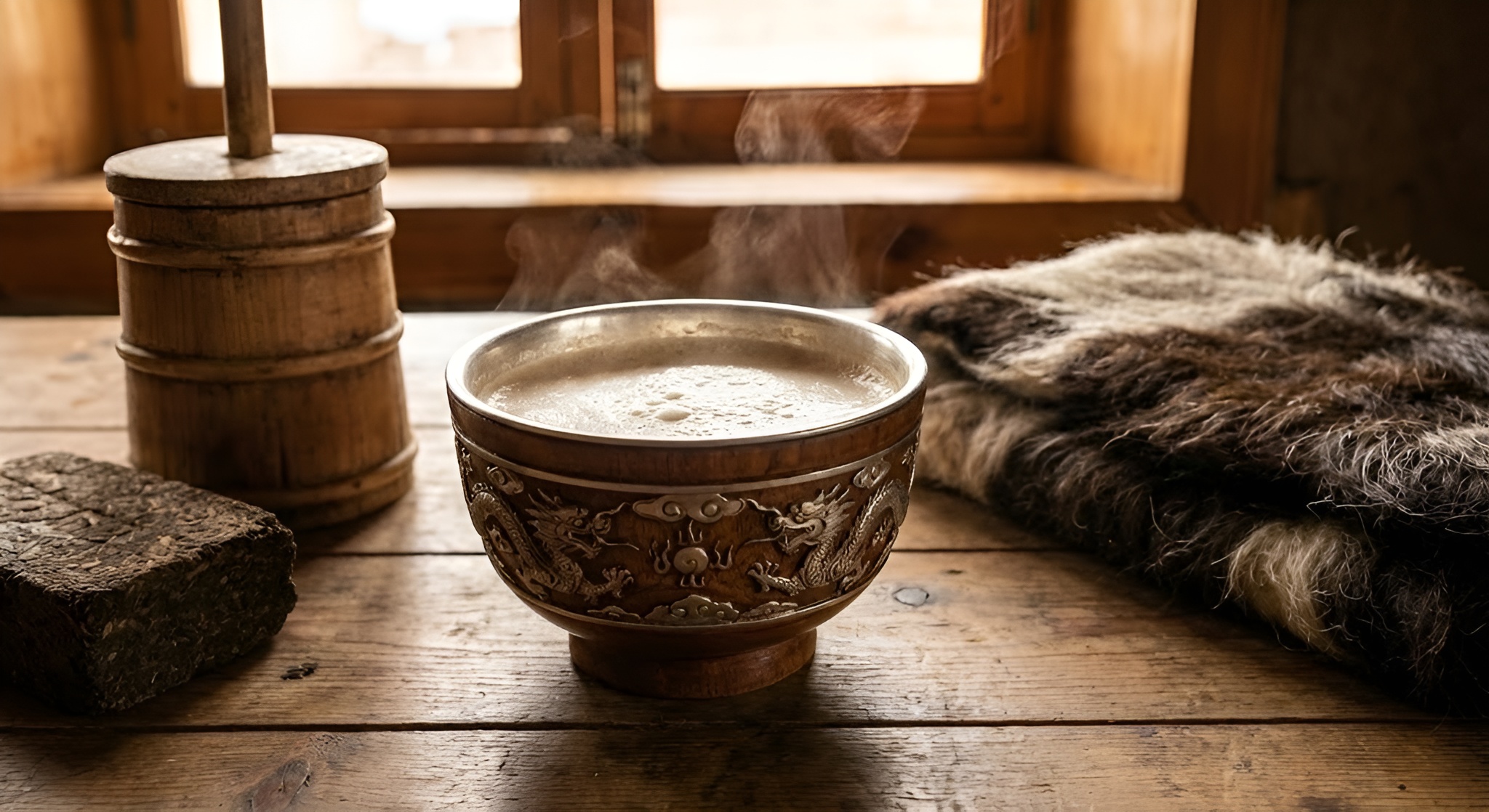 A wooden bowl filled with creamy, beige butter tea.