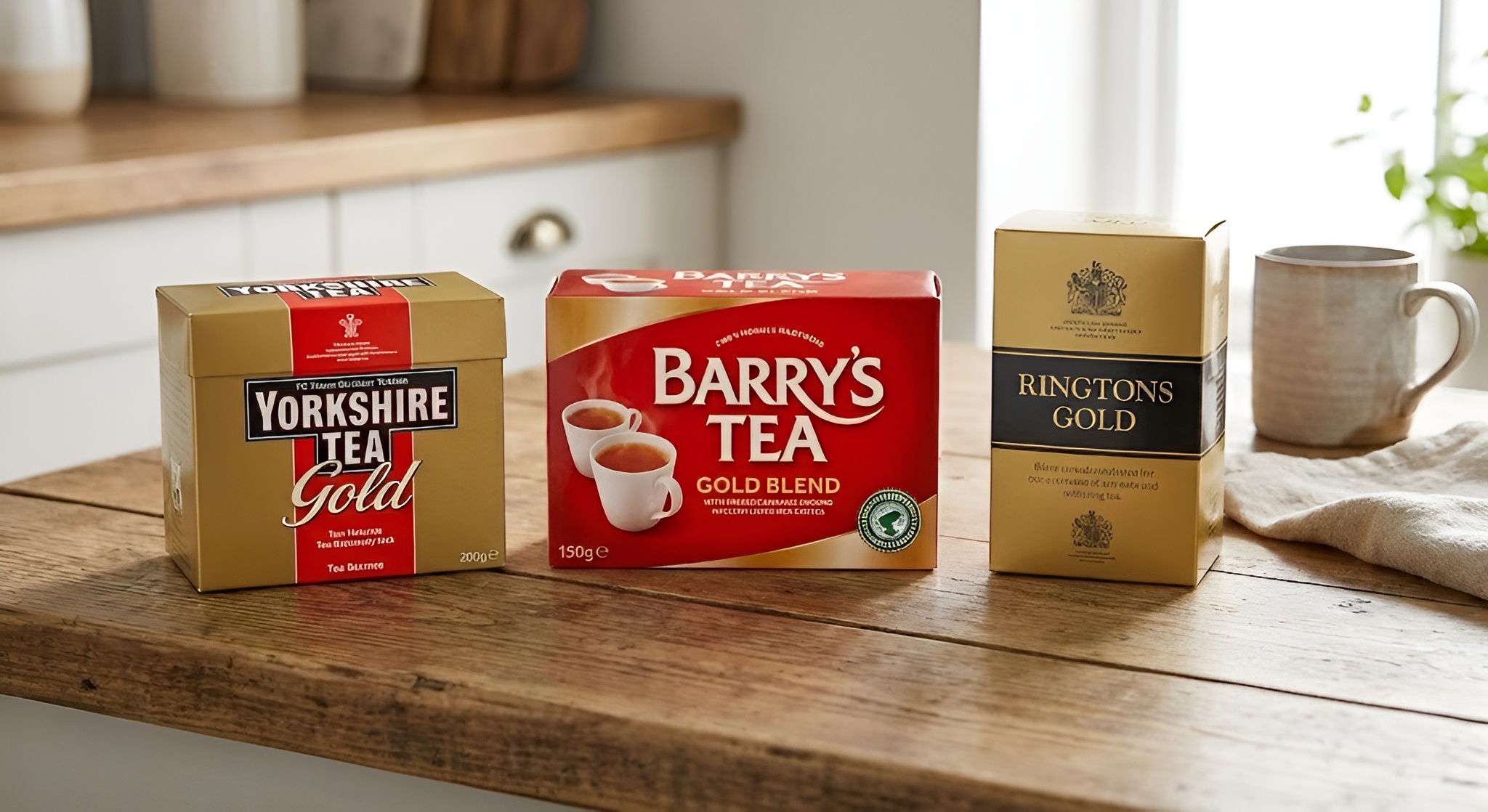 A lineup of gold boxes including Yorkshire Gold, Barrys Gold, and Ringtons.