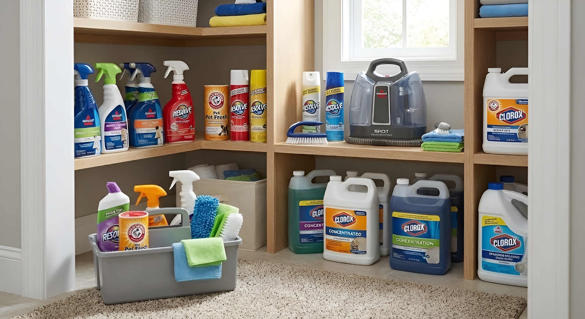 Cleaning a tea stain from a beige carpet with various products.