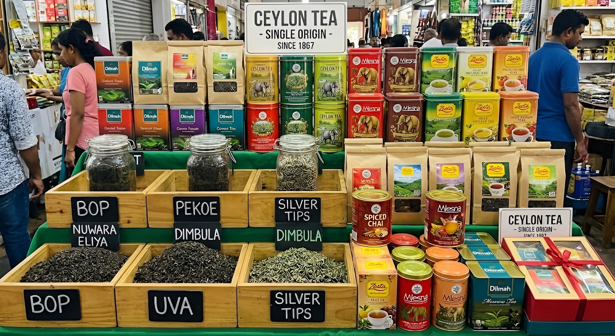 A glass teapot pouring bright copper-colored Ceylon tea.