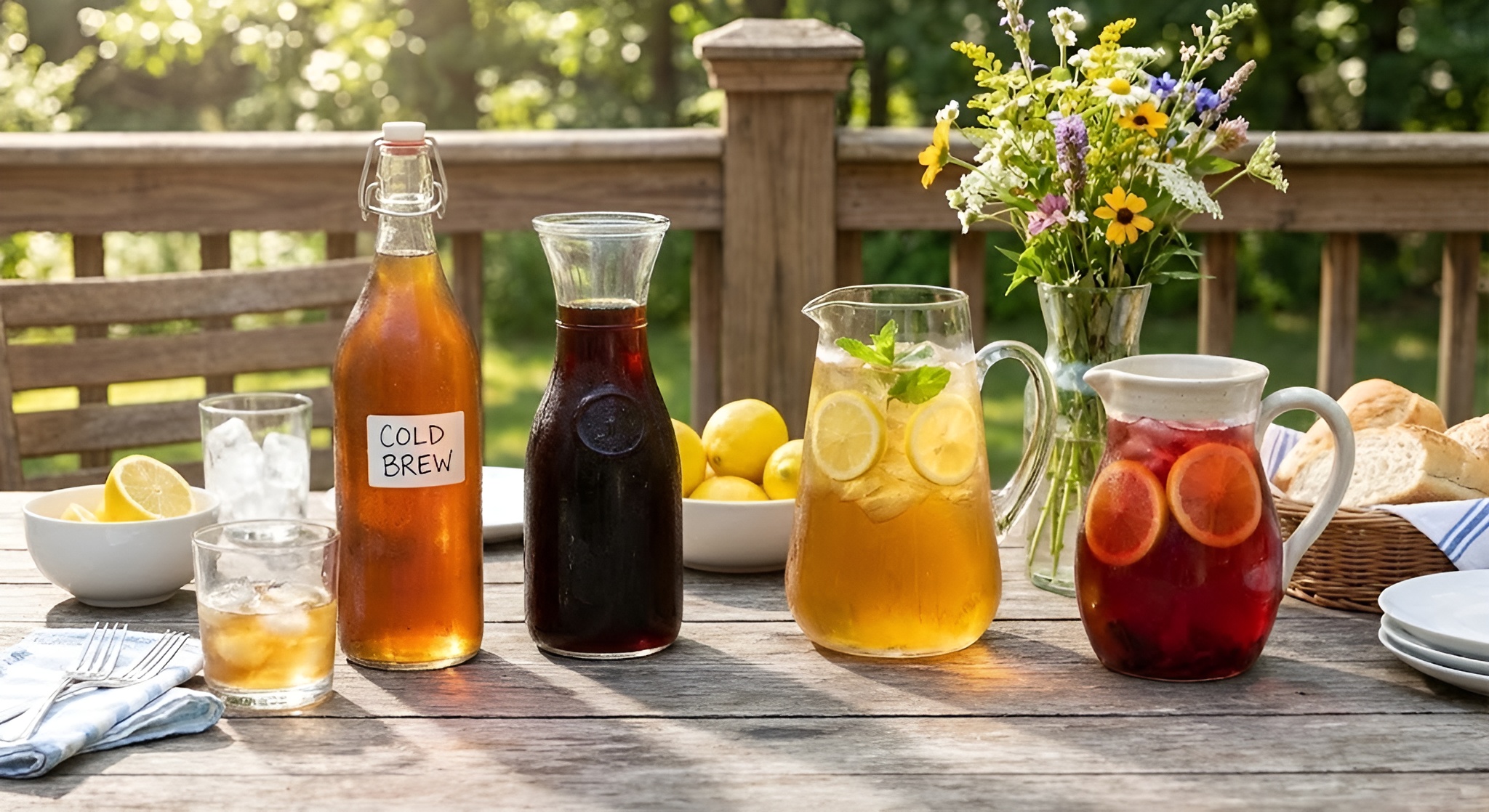 A selection of cold brew bottles and iced tea pitchers on a summer table.