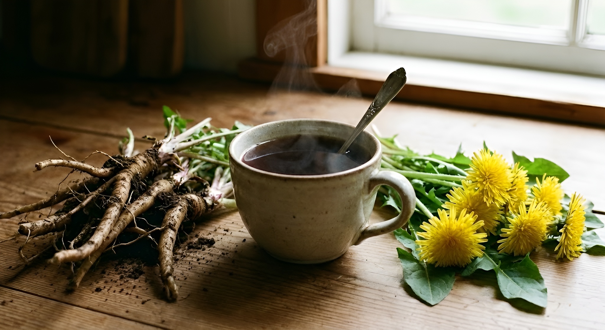 A cup of dark roasted dandelion tea next to raw roots and yellow flowers.