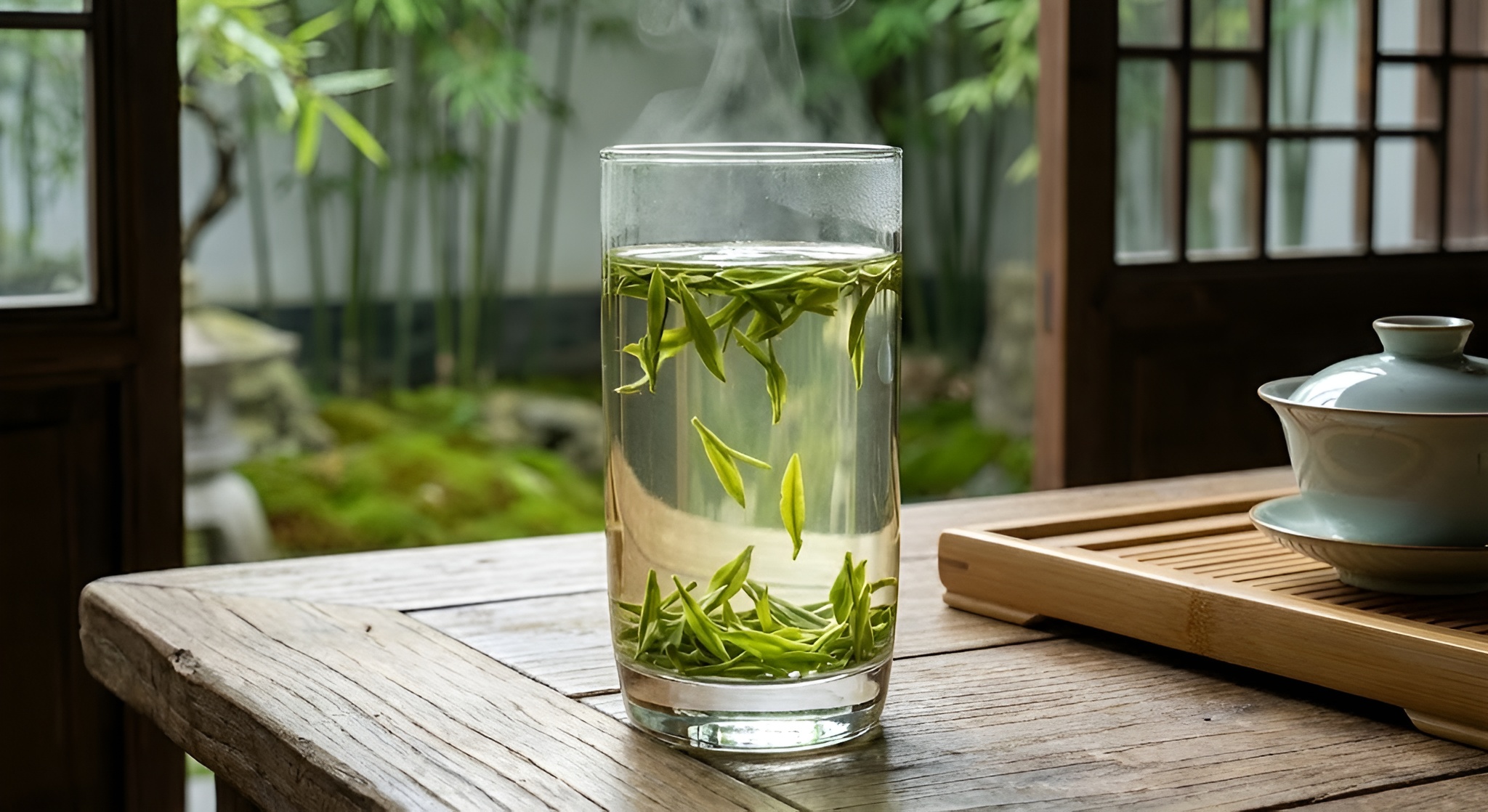 A glass of Dragon Well tea with flat green leaves floating vertically.