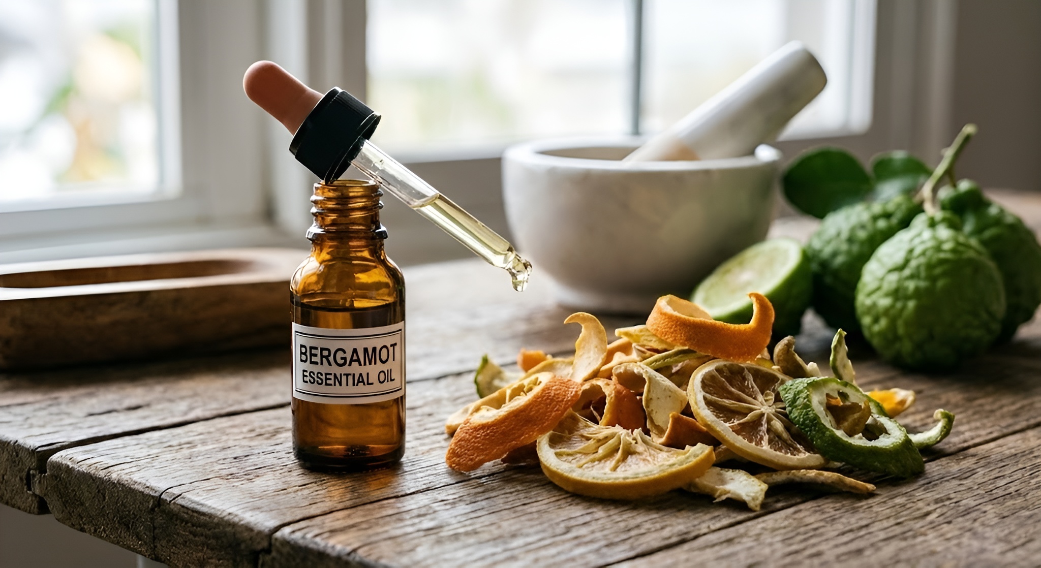 A bottle of bergamot essential oil with a dropper next to dried citrus peels.