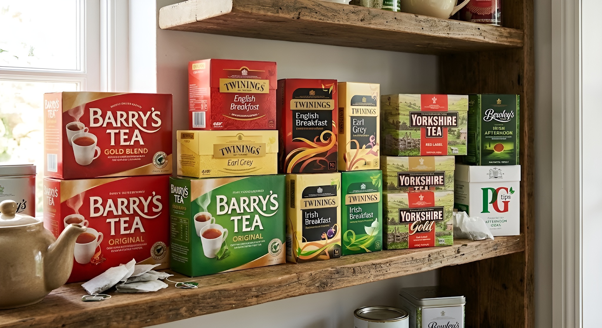 A variety of English and Irish tea boxes including Barrys, Twinings and Yorkshire Tea.