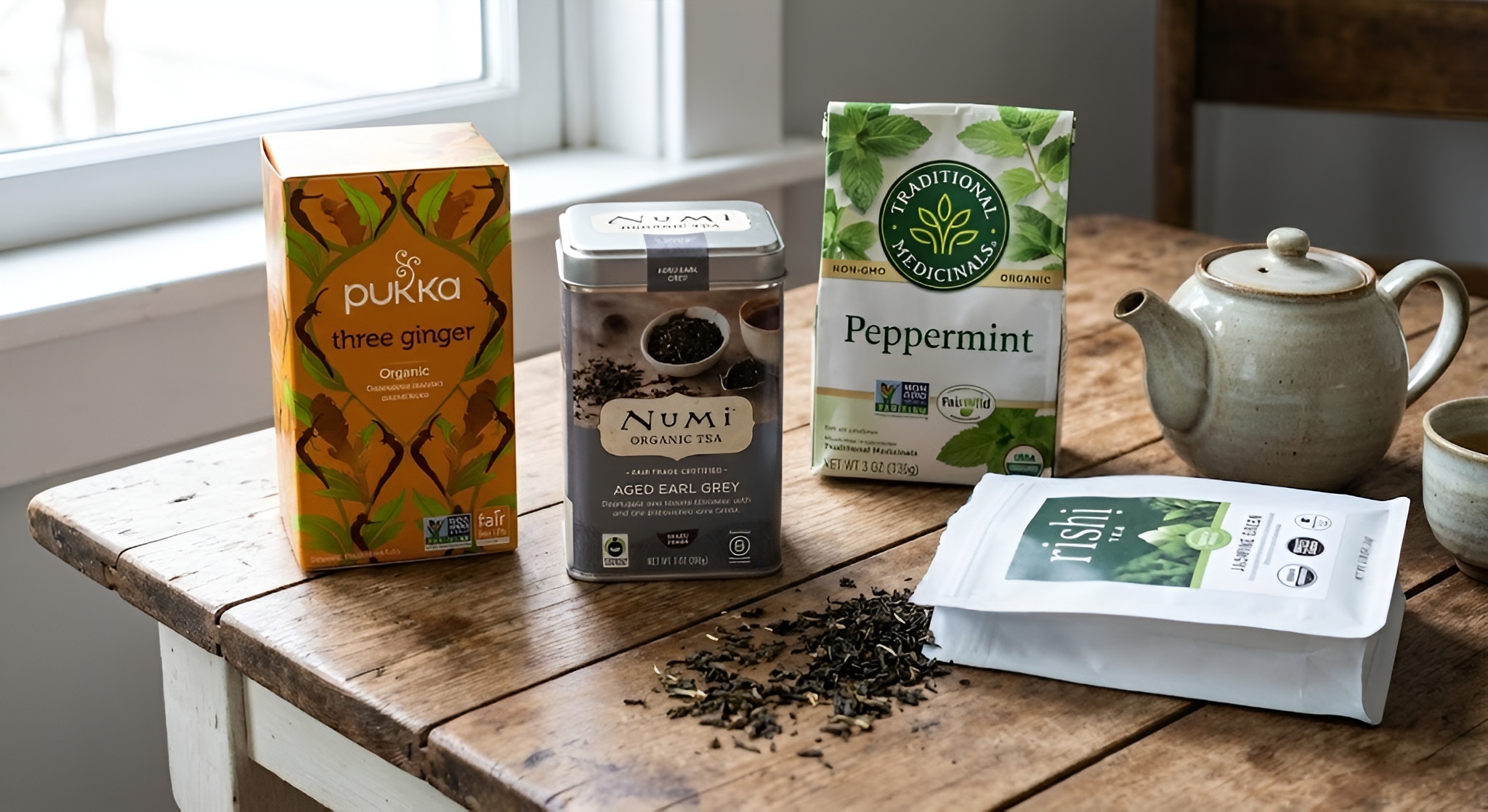 A selection of ethical tea brands on a wooden table.