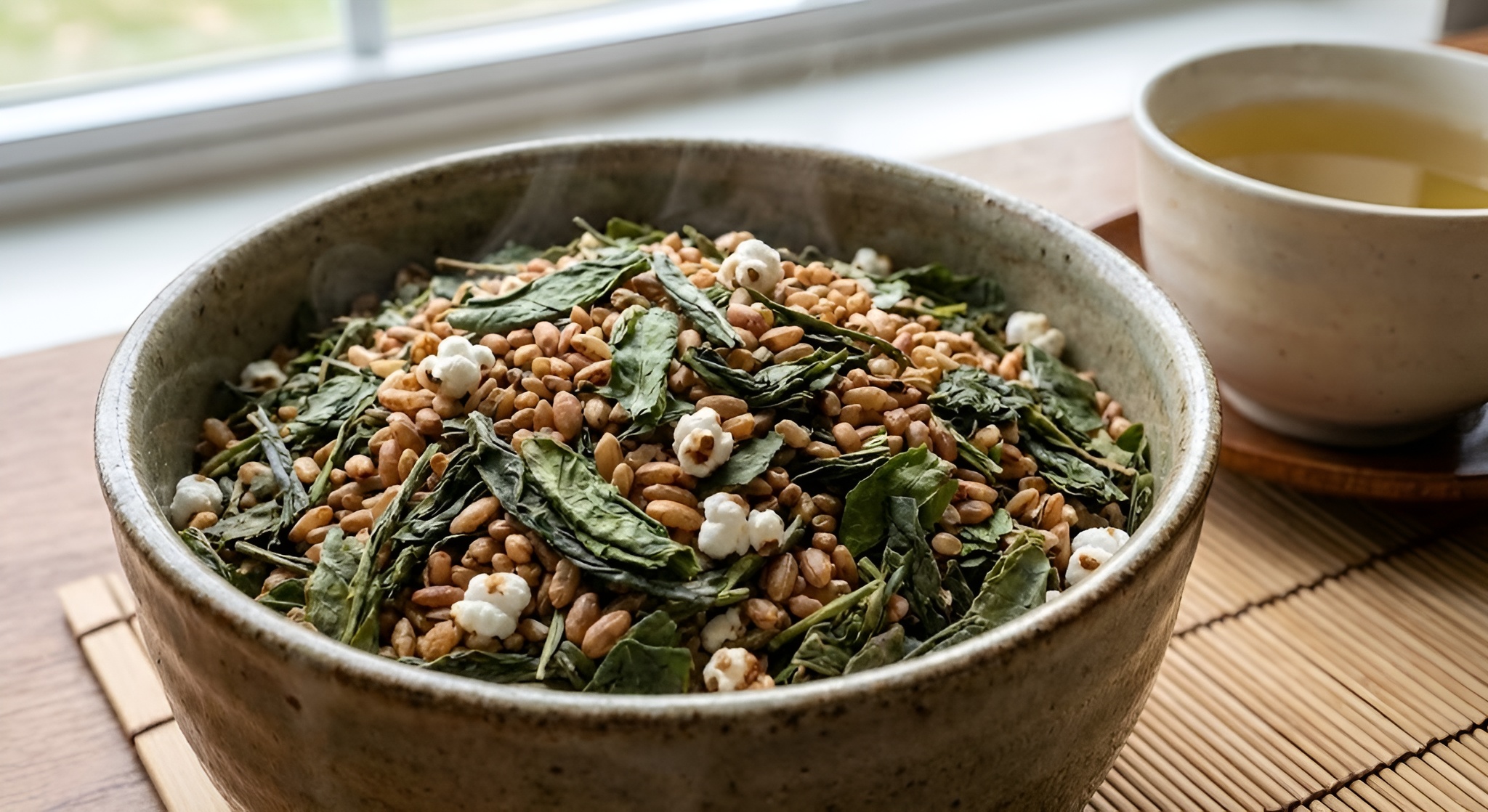 A bowl of Genmaicha showing the toasted rice kernels and green tea leaves.
