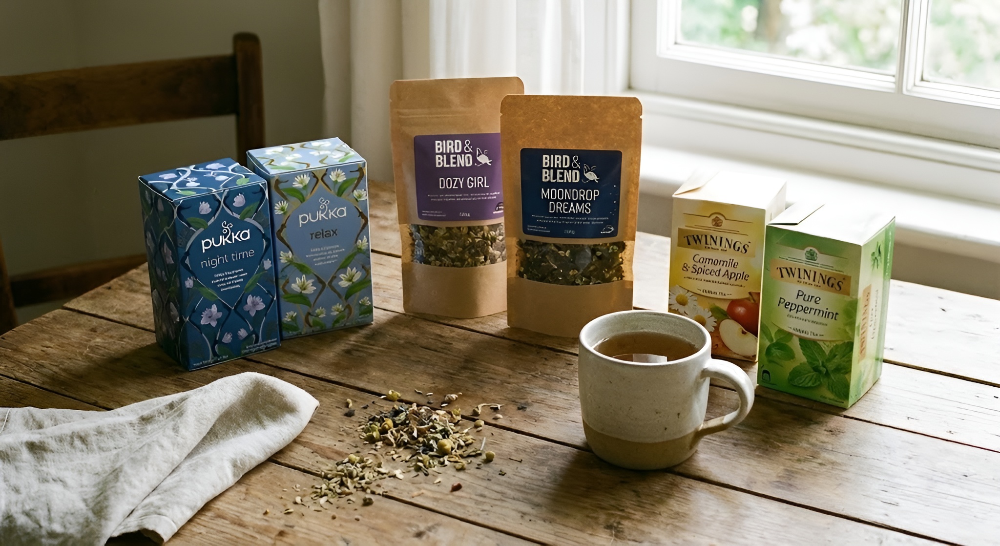 Boxes of Pukka, Bird & Blend, and Twinings herbal teas on a wooden table.