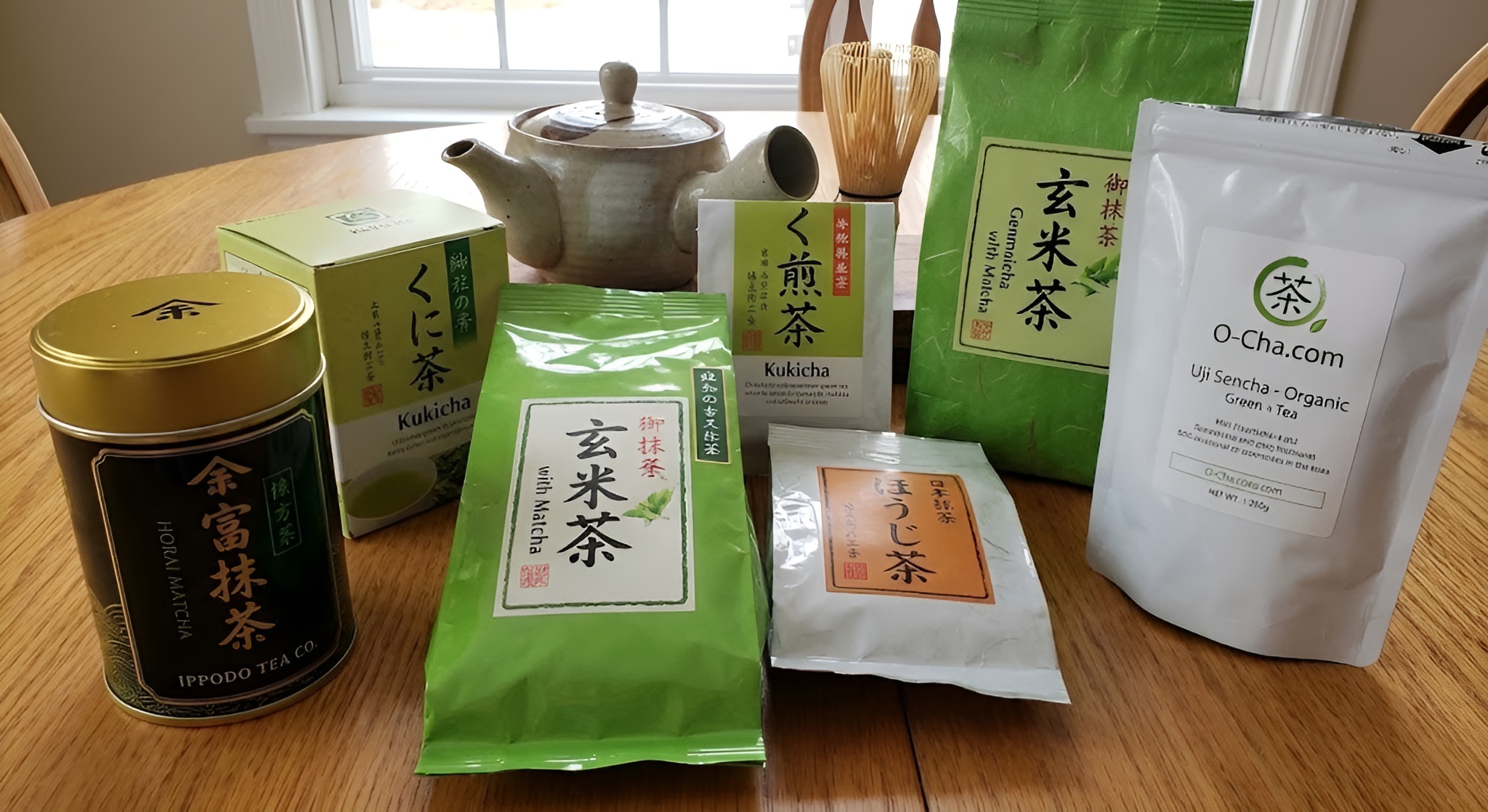 A variety of Japanese Green Tea packets including Ippodo and O-Cha.