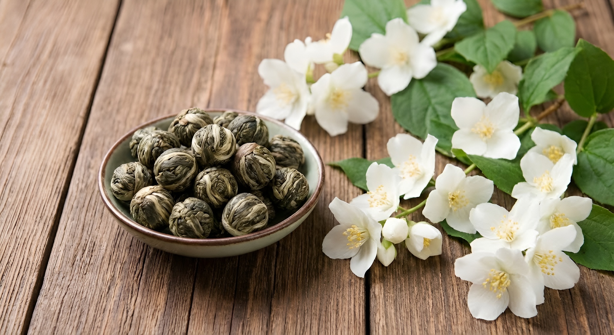 Hand rolled jasmine dragon pearls next to fresh white jasmine flowers.