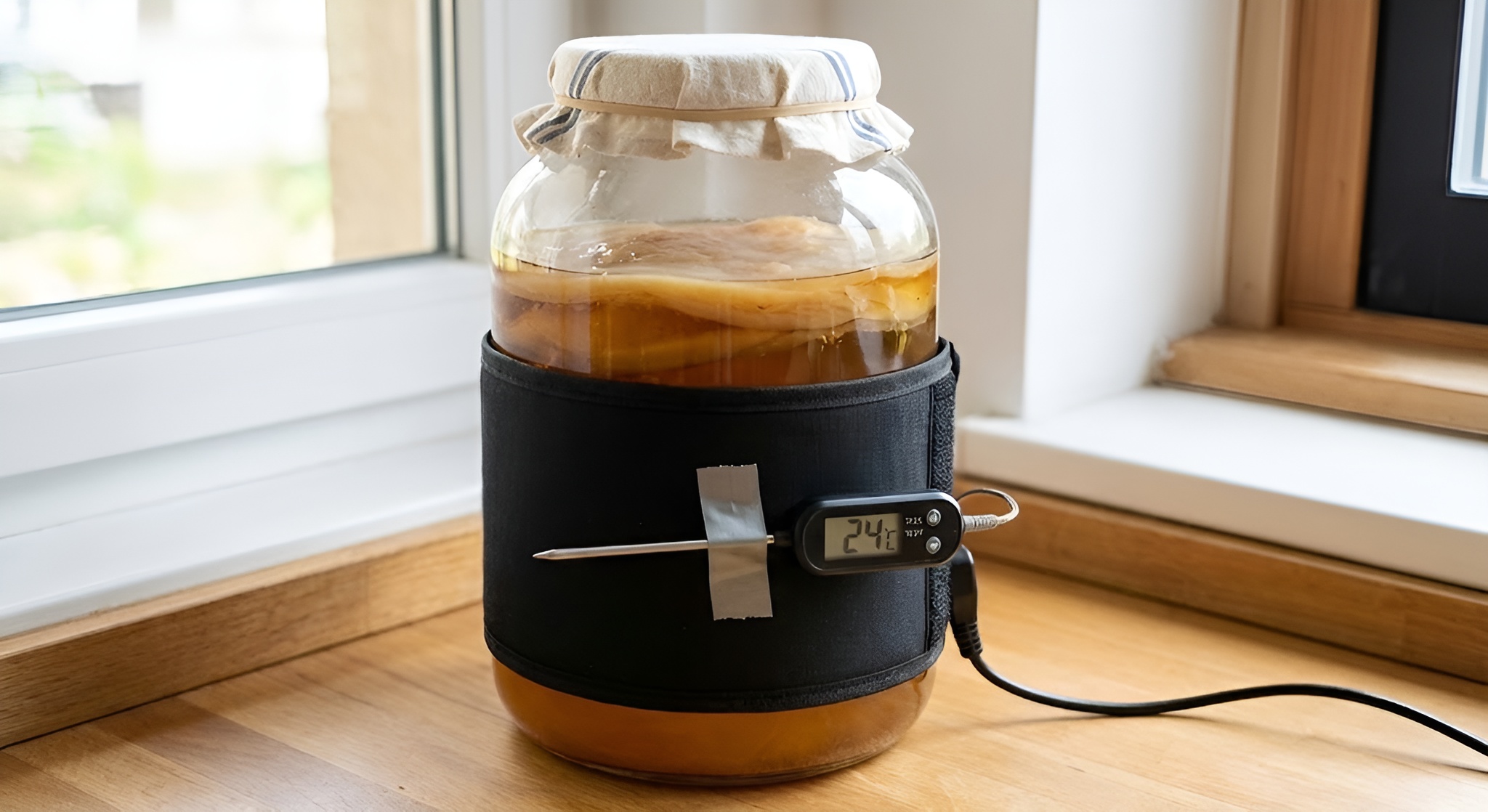 A kombucha jar wrapped in a heating belt with a thermometer showing 24C.