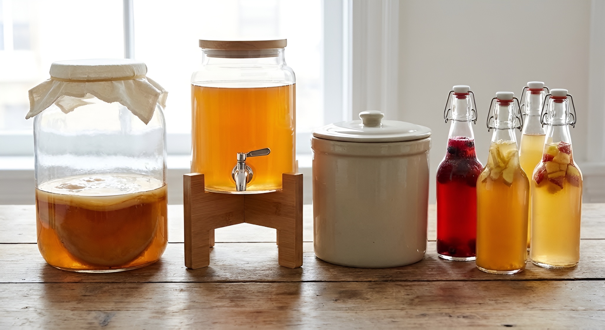 A large glass kombucha jar with a stainless steel spigot.