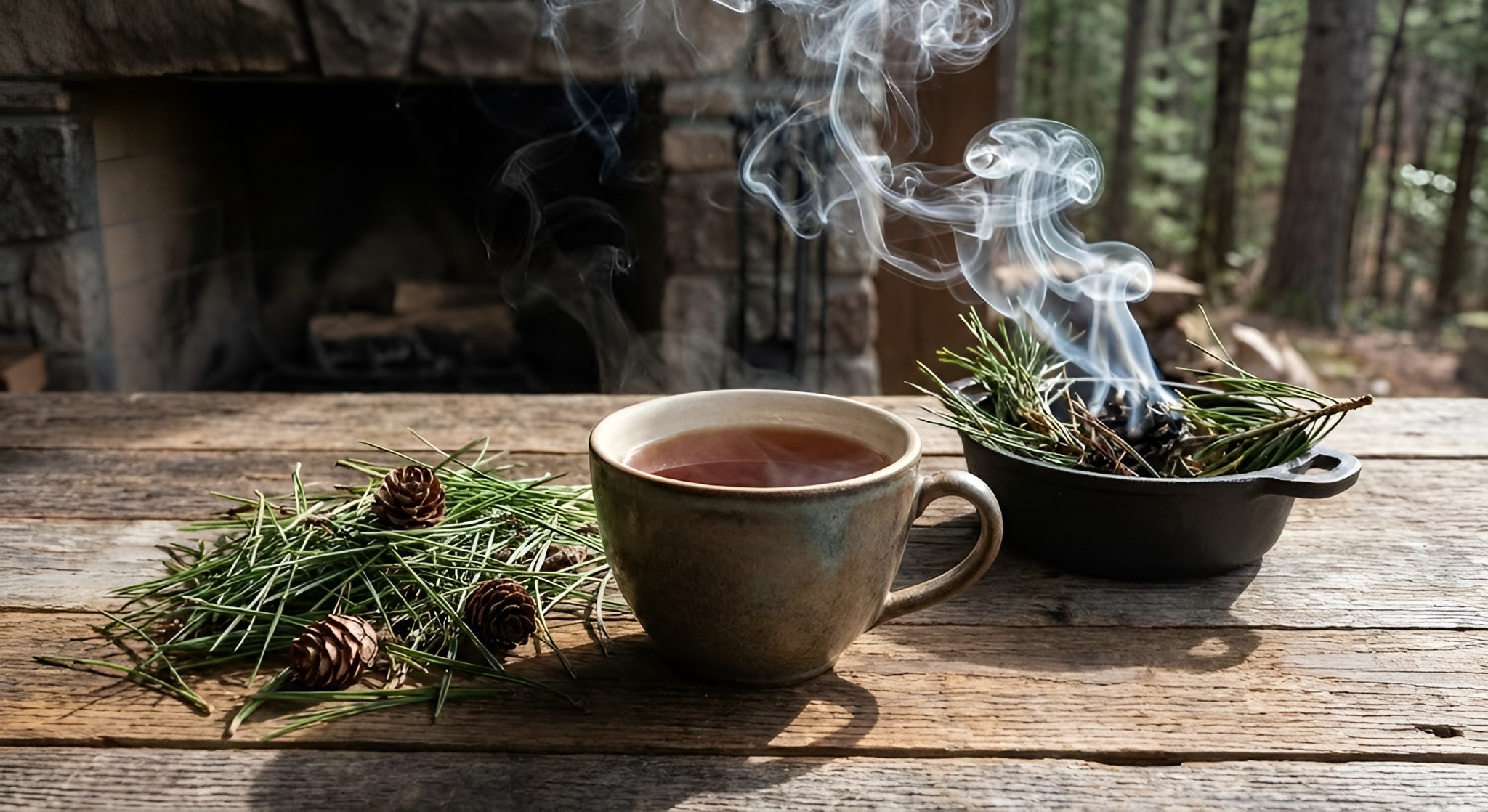 A cup of dark amber Lapsang Souchong tea next to pine needles and smoke.