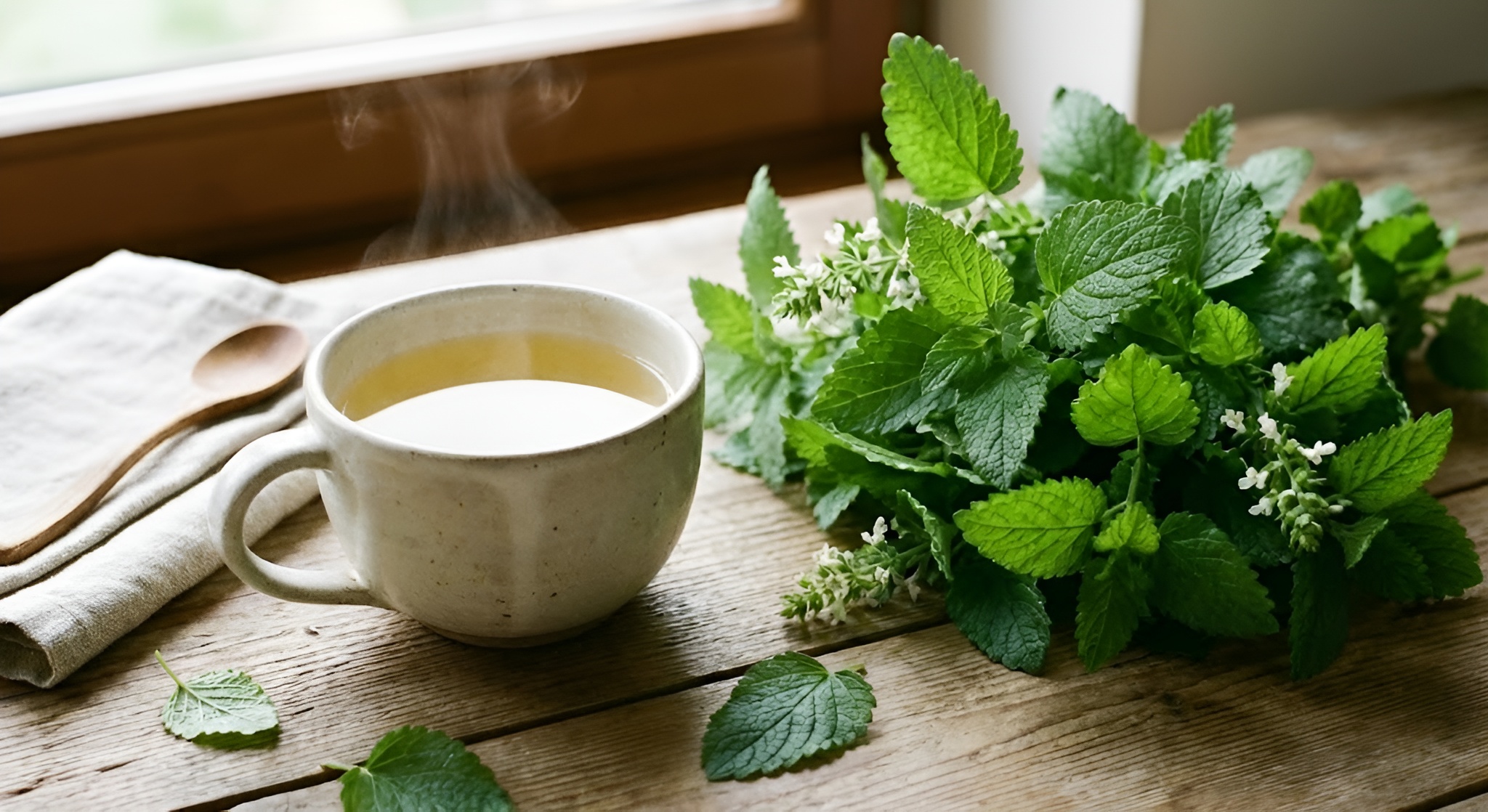 Fresh lemon balm leaves and a cup of pale yellow tea.