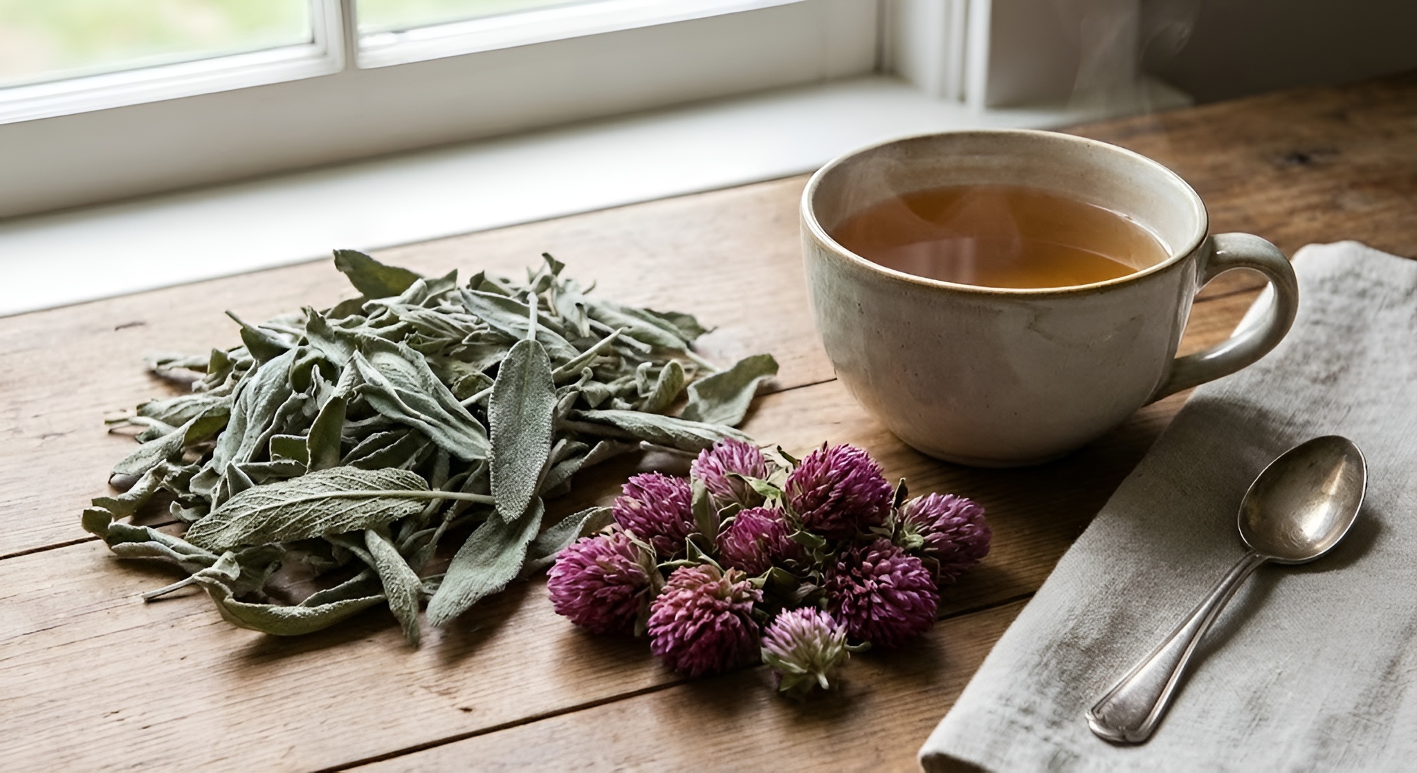 Dried sage leaves and red clover flowers next to a cup of tea.