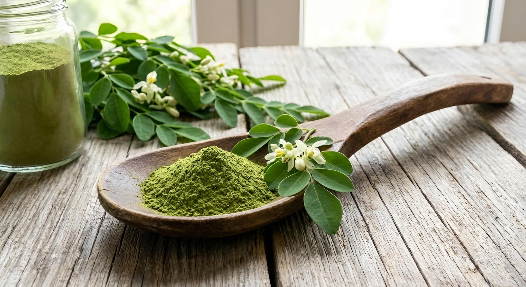 A bowl of bright green moringa powder next to dried leaves and tea bags.