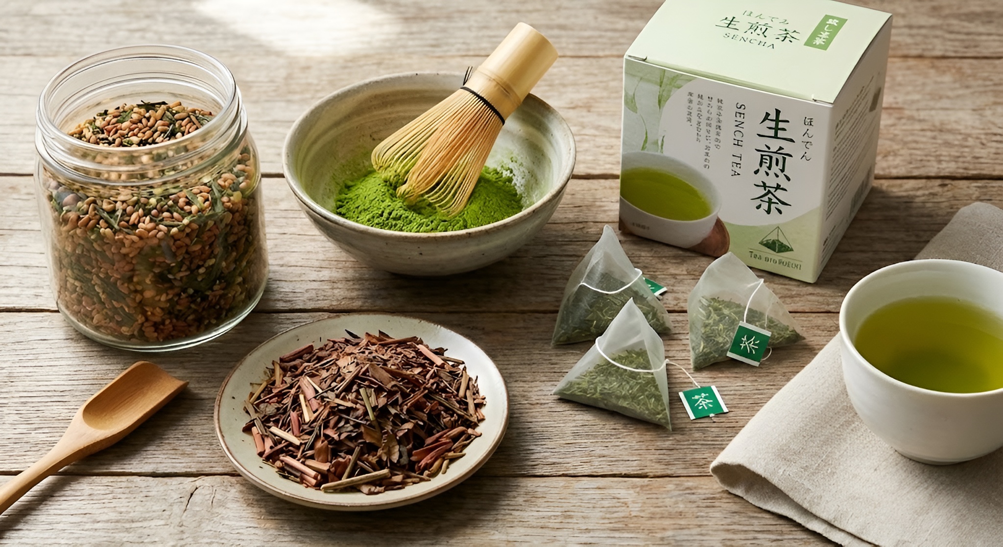 A soothing cup of Hojicha roasted green tea next to a bowl of Genmaicha.
