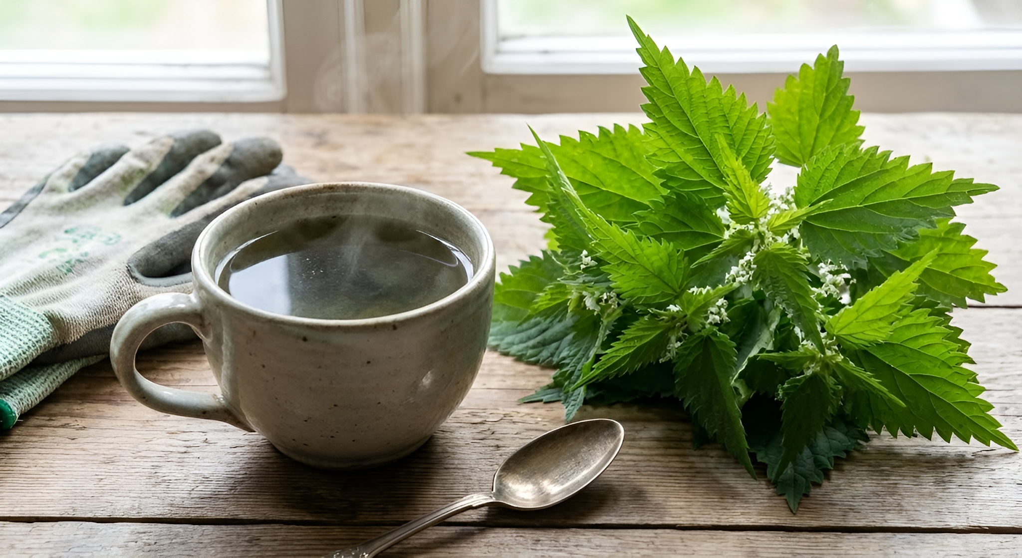 A cup of dark green nettle tea next to fresh stinging nettle leaves.
