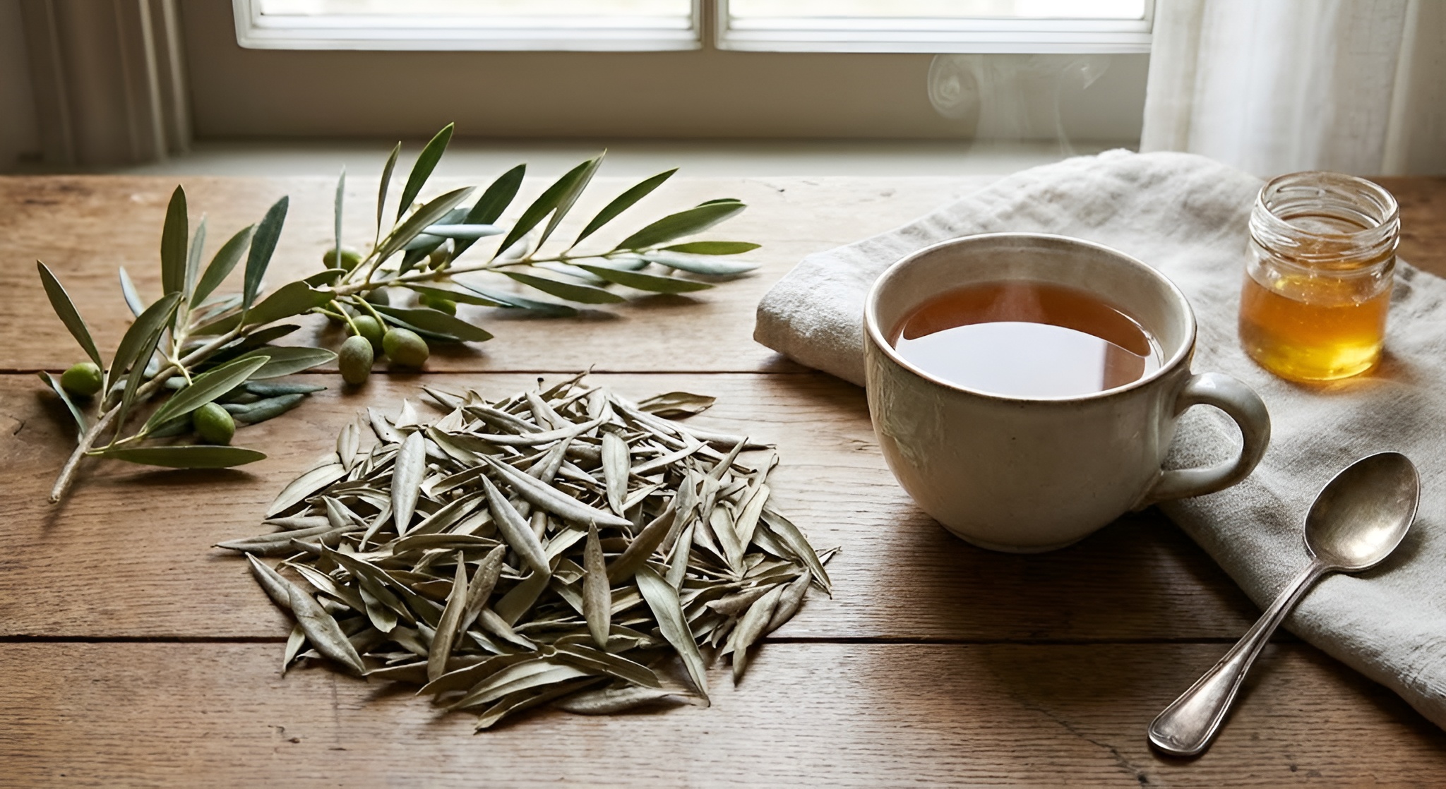 Dried olive leaves next to a fresh olive branch and a cup of tea.