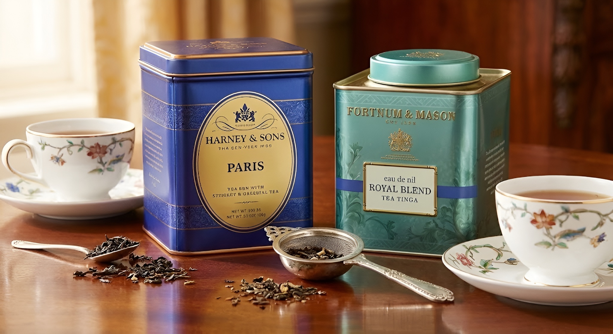 A tin of Fortnum & Mason Royal Blend next to a tin of Harney & Sons Paris tea.