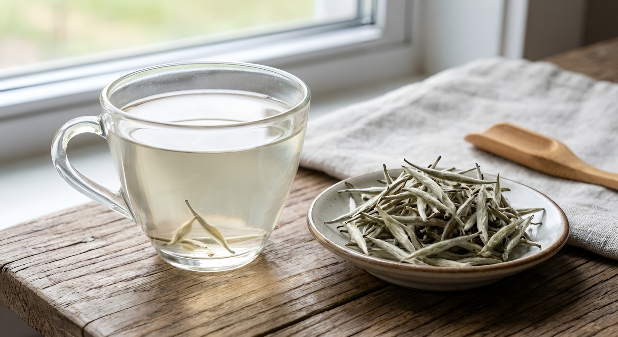 A glass cup of pale Silver Needle tea next to the fuzzy dry tea buds.