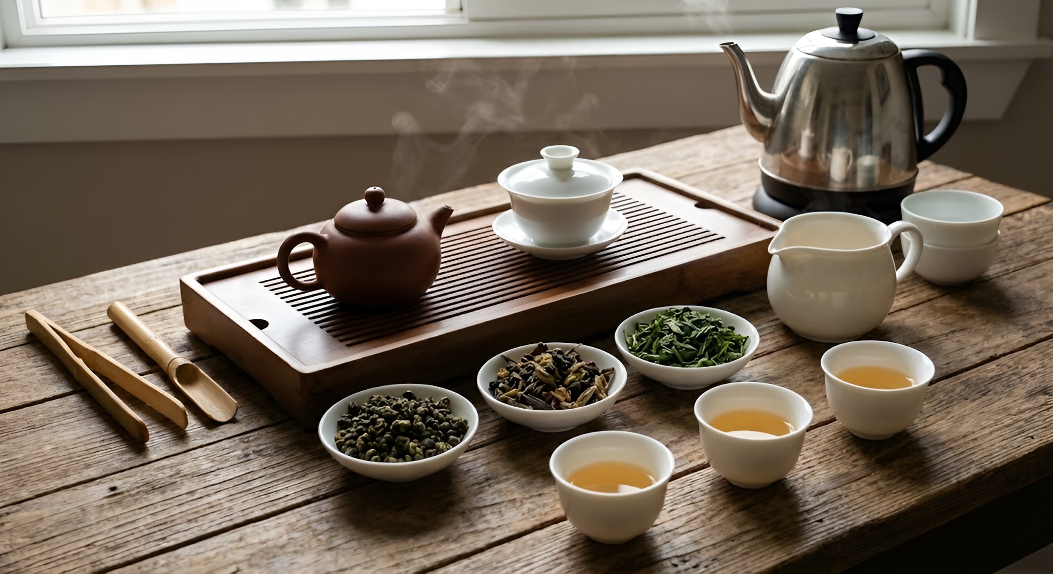 A tea ceremony set featuring various Taiwanese Oolongs.