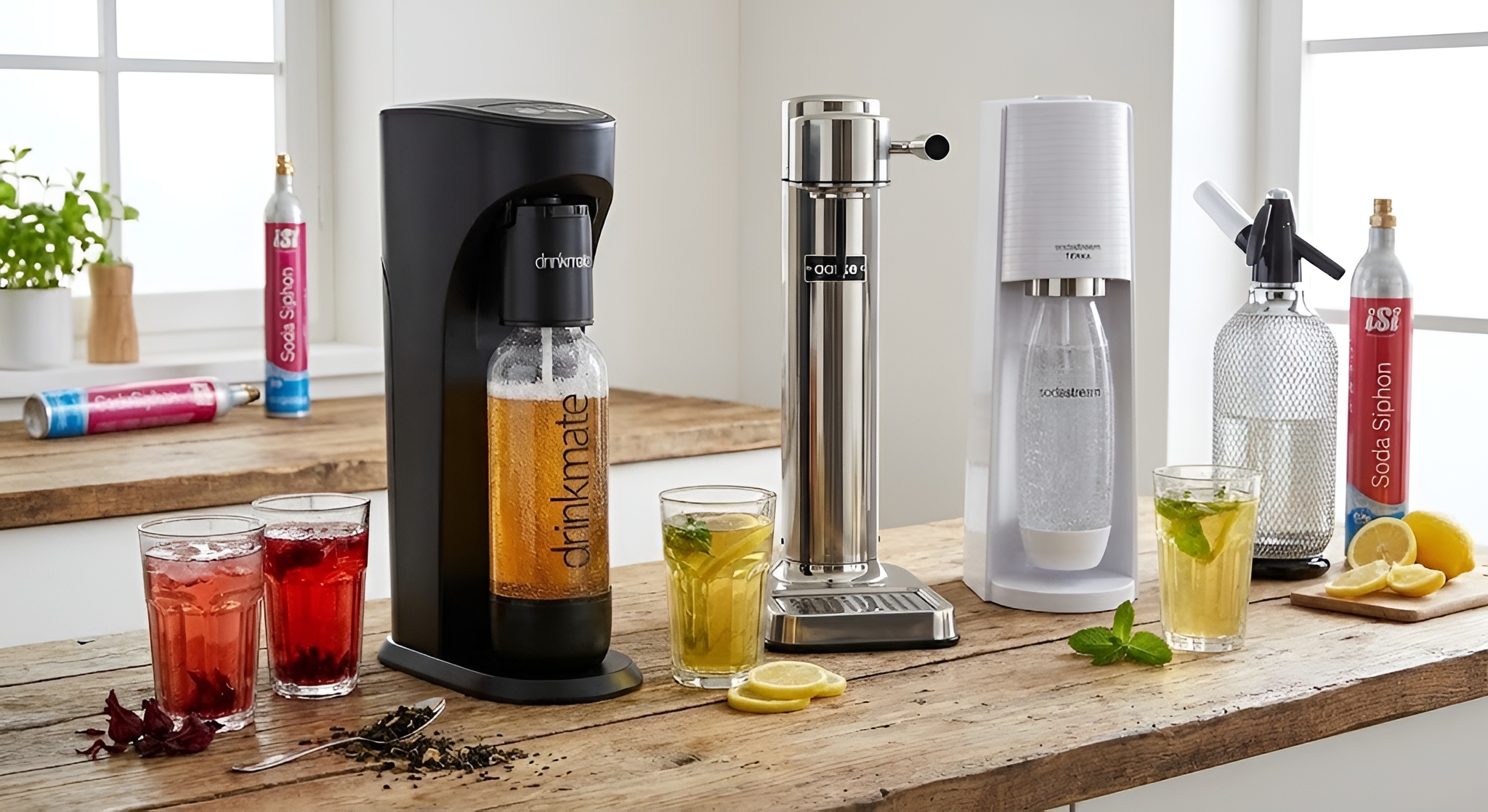 A Drinkmate carbonating a bottle of amber tea.