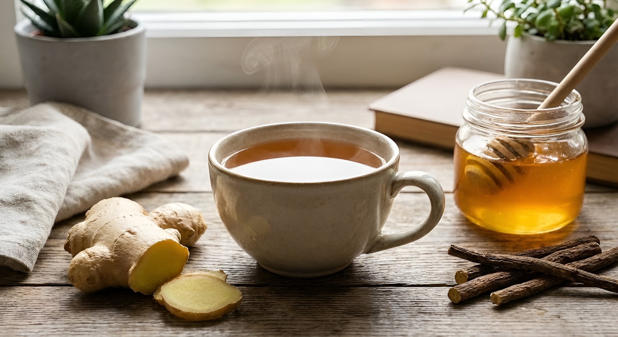 A soothing cup of throat coat tea next to musical notes.