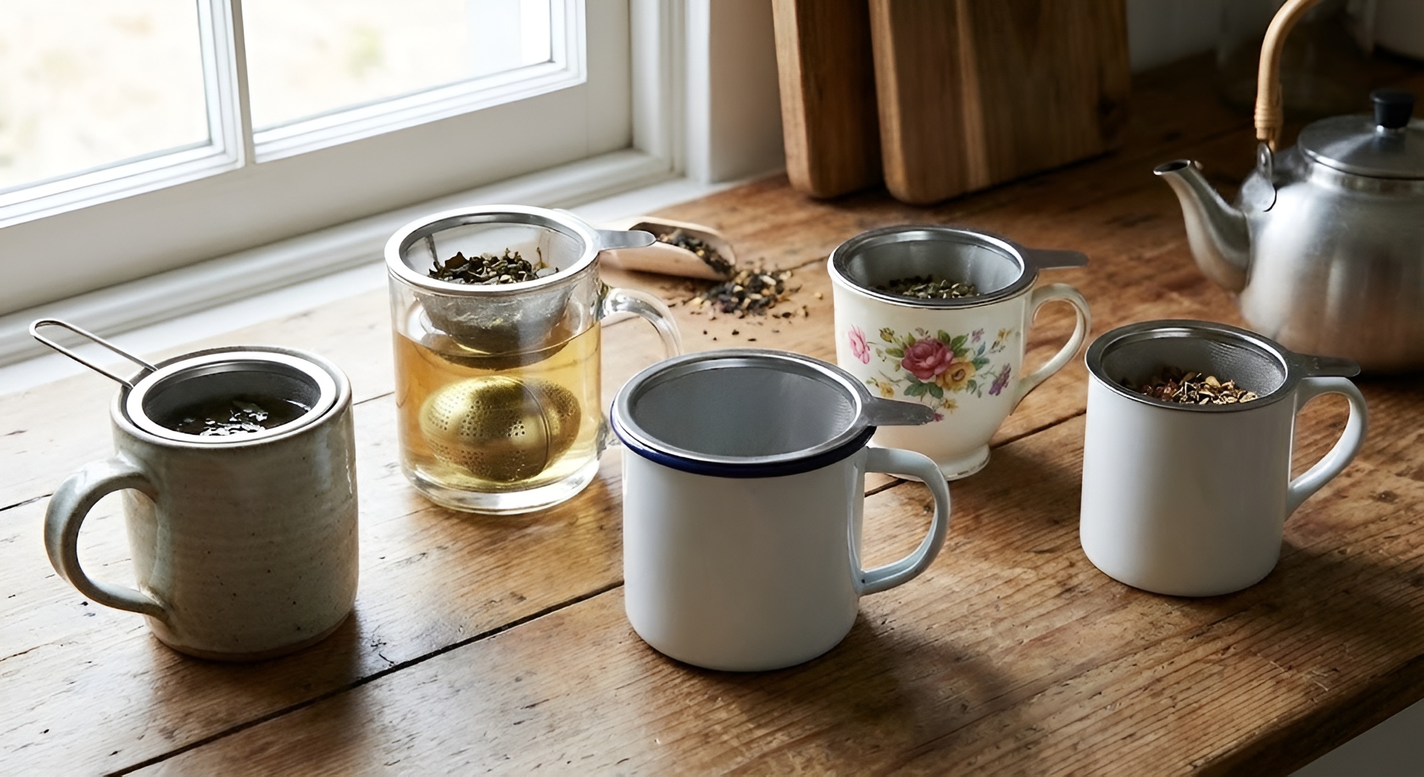 A collection of stainless steel mesh tea brewing baskets sitting in mugs.