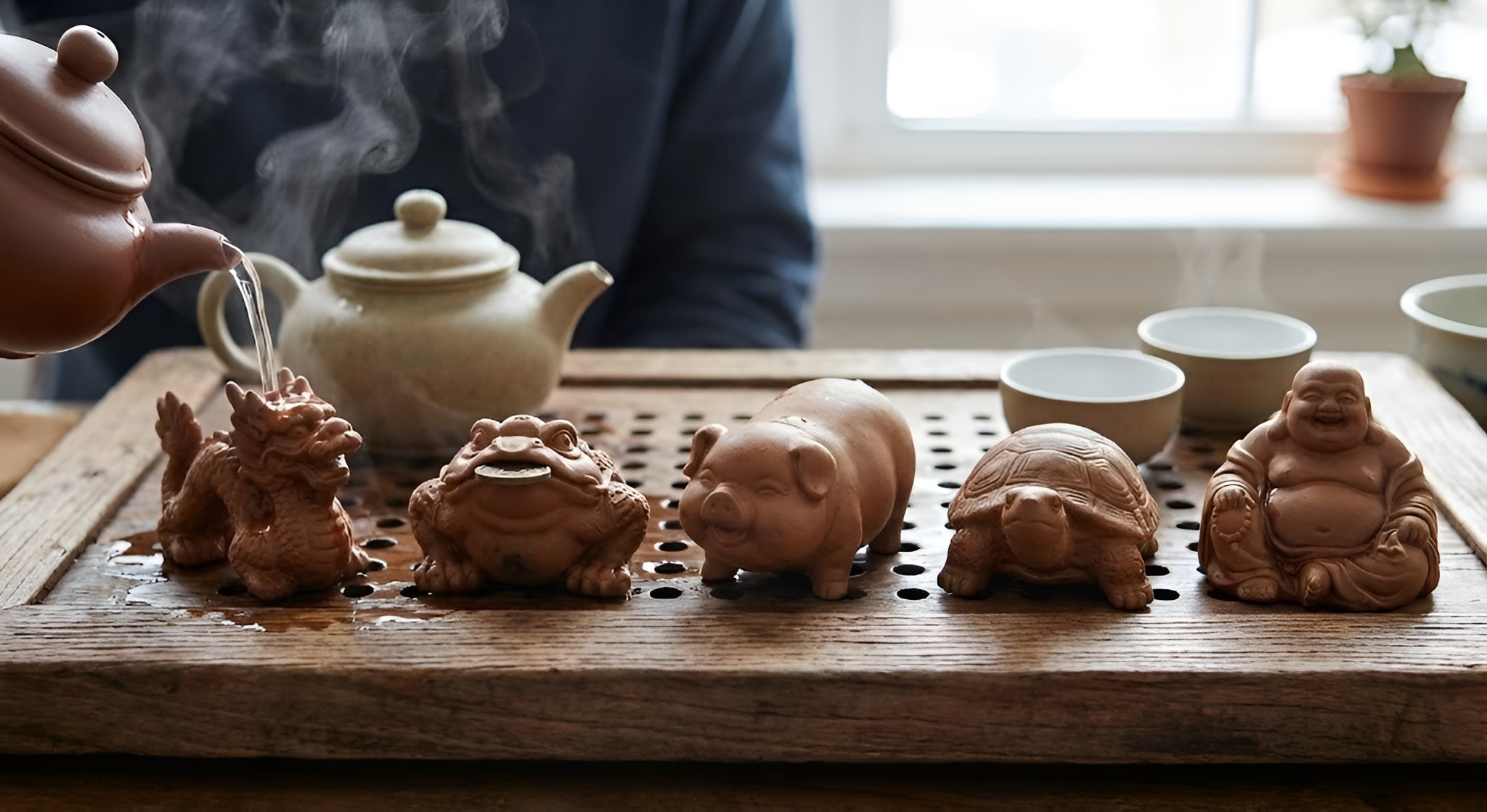 A collection of clay tea pets including a toad and pig on a bamboo tea tray.