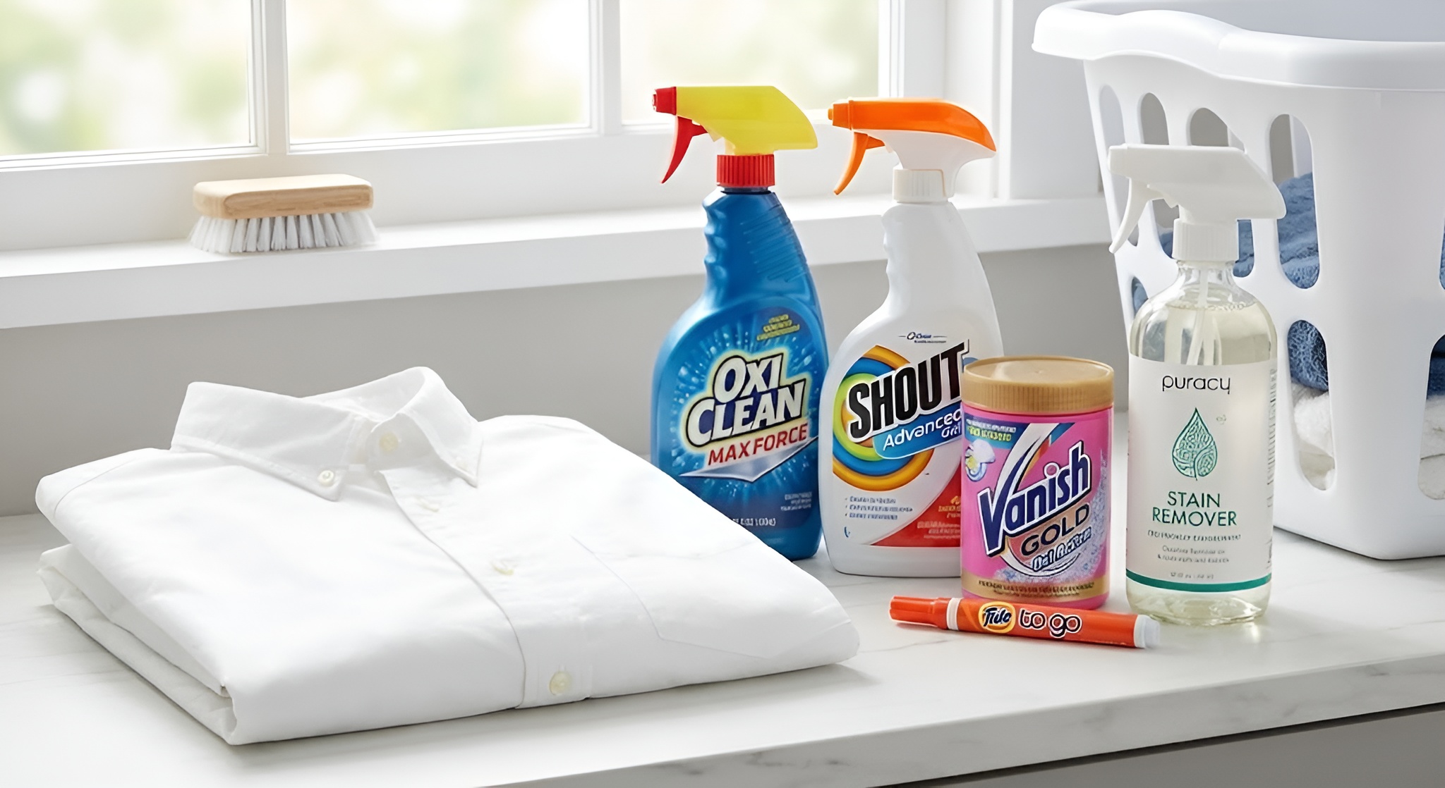 Bottles of stain remover next to a clean white shirt.