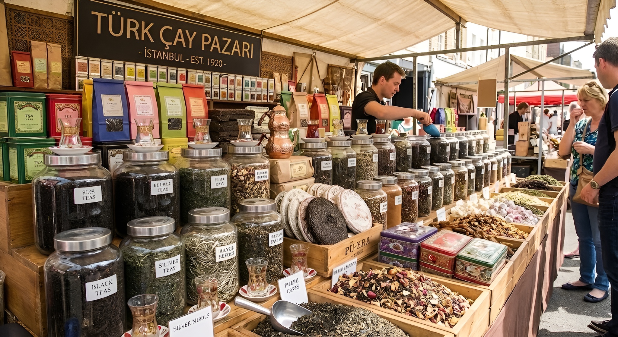 Turkish tea in tulip glasses with double teapot.