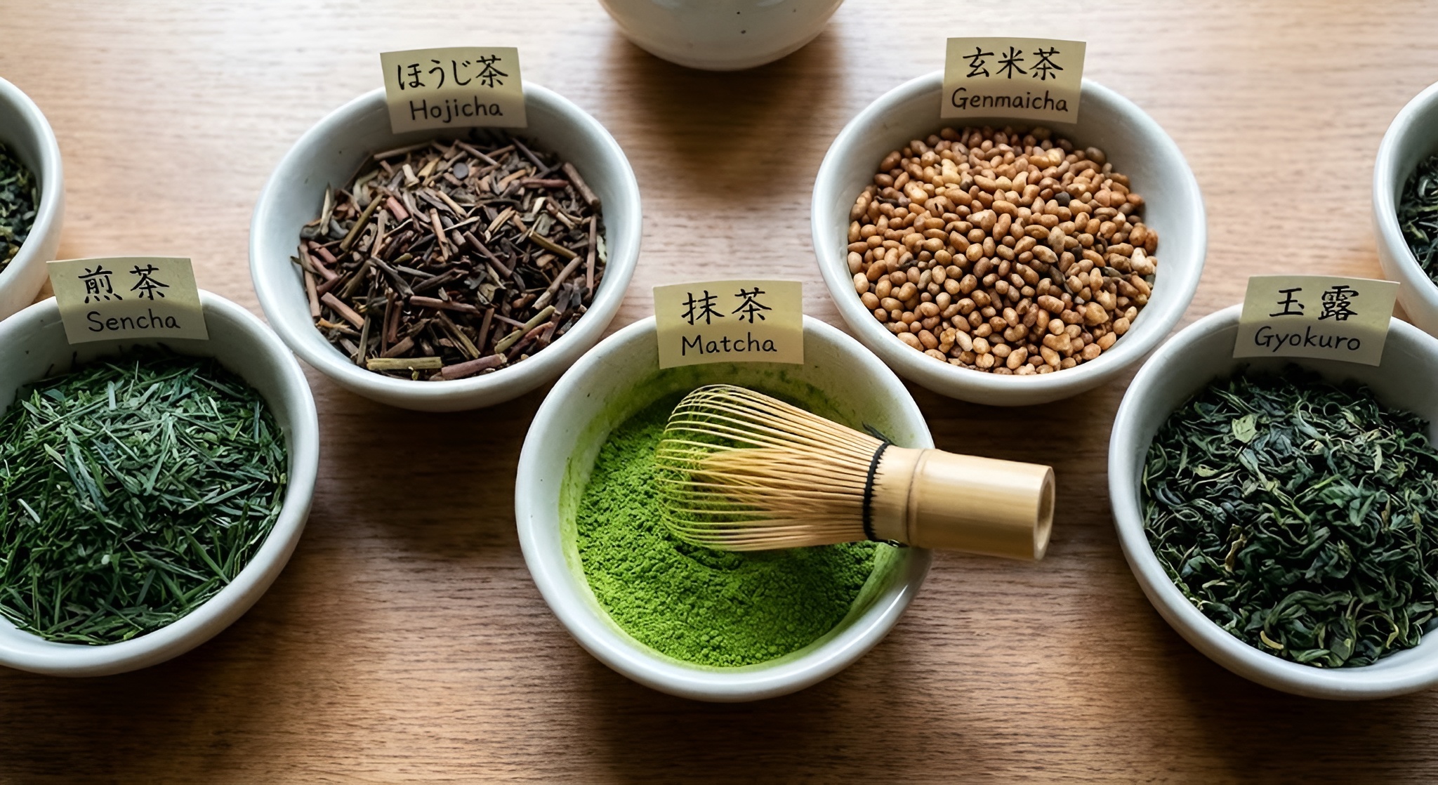 A variety of Uji teas including Matcha powder and Gyokuro needles on a wooden table.