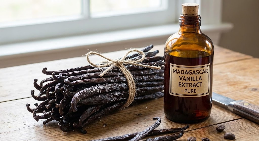 A bundle of dark vanilla beans tied with string next to a bottle of extract.