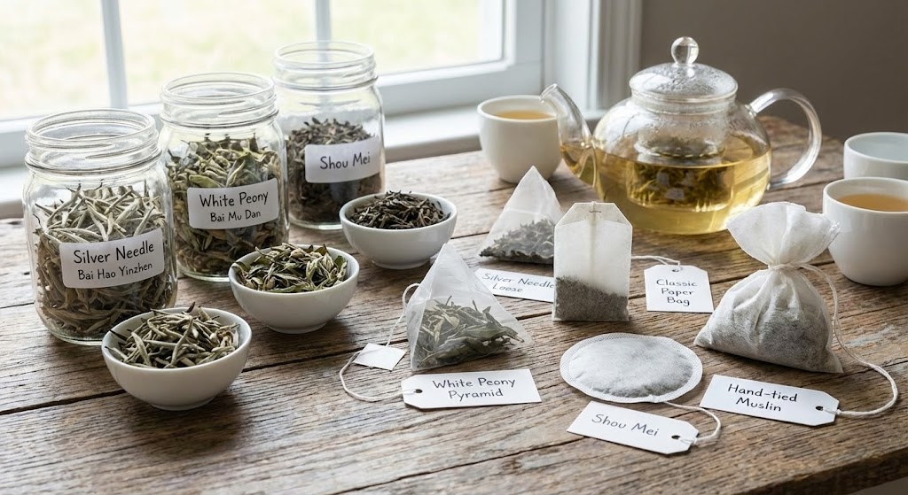 Silver Needle white tea buds on a bamboo tray.