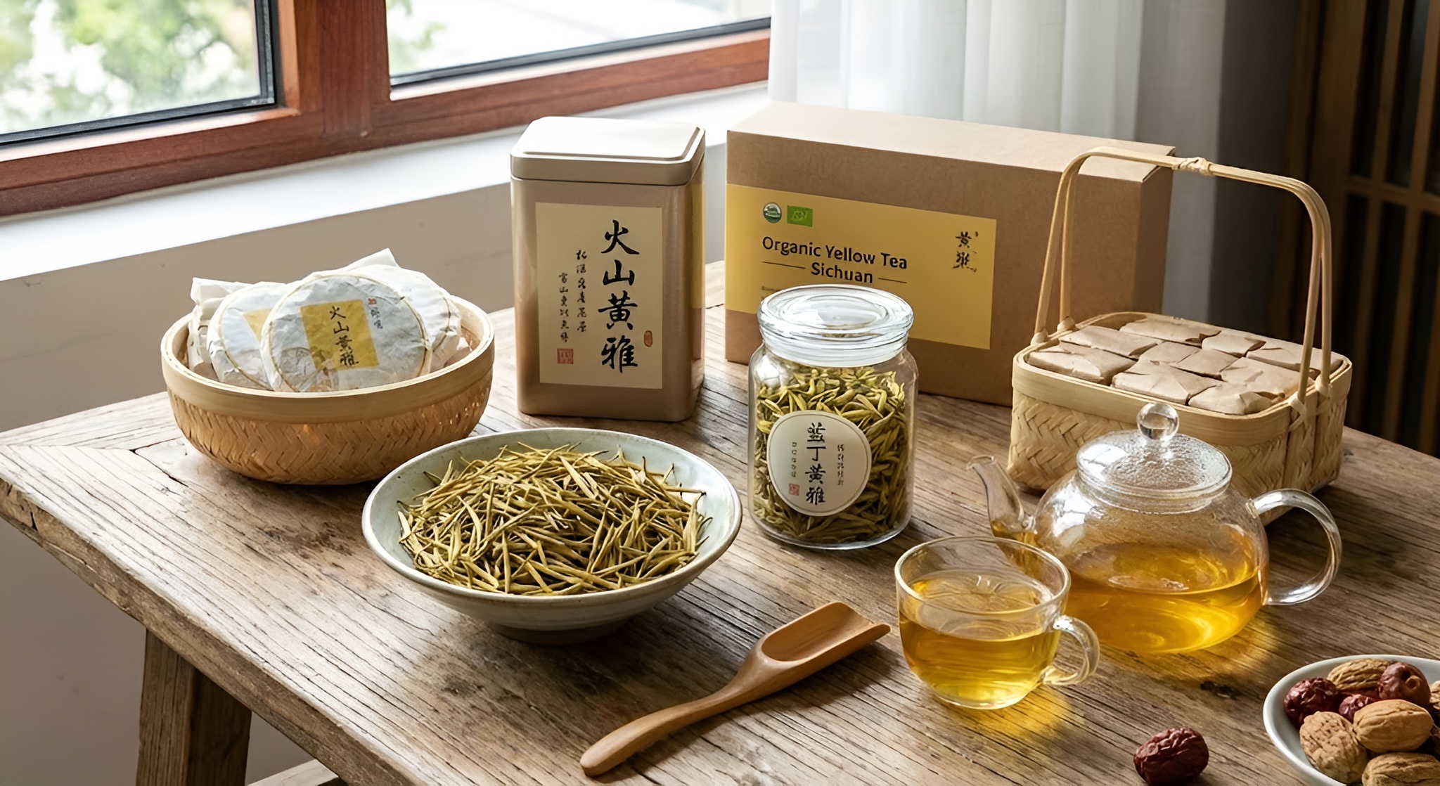 A glass of Jun Shan Yin Zhen yellow tea with buds standing upright.