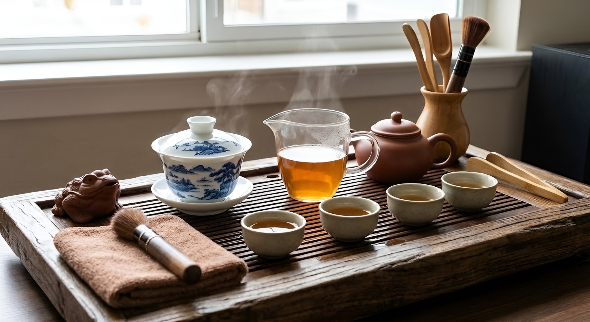 A complete gongfu tea setup with gaiwan, pitcher, cups, and tea tray.