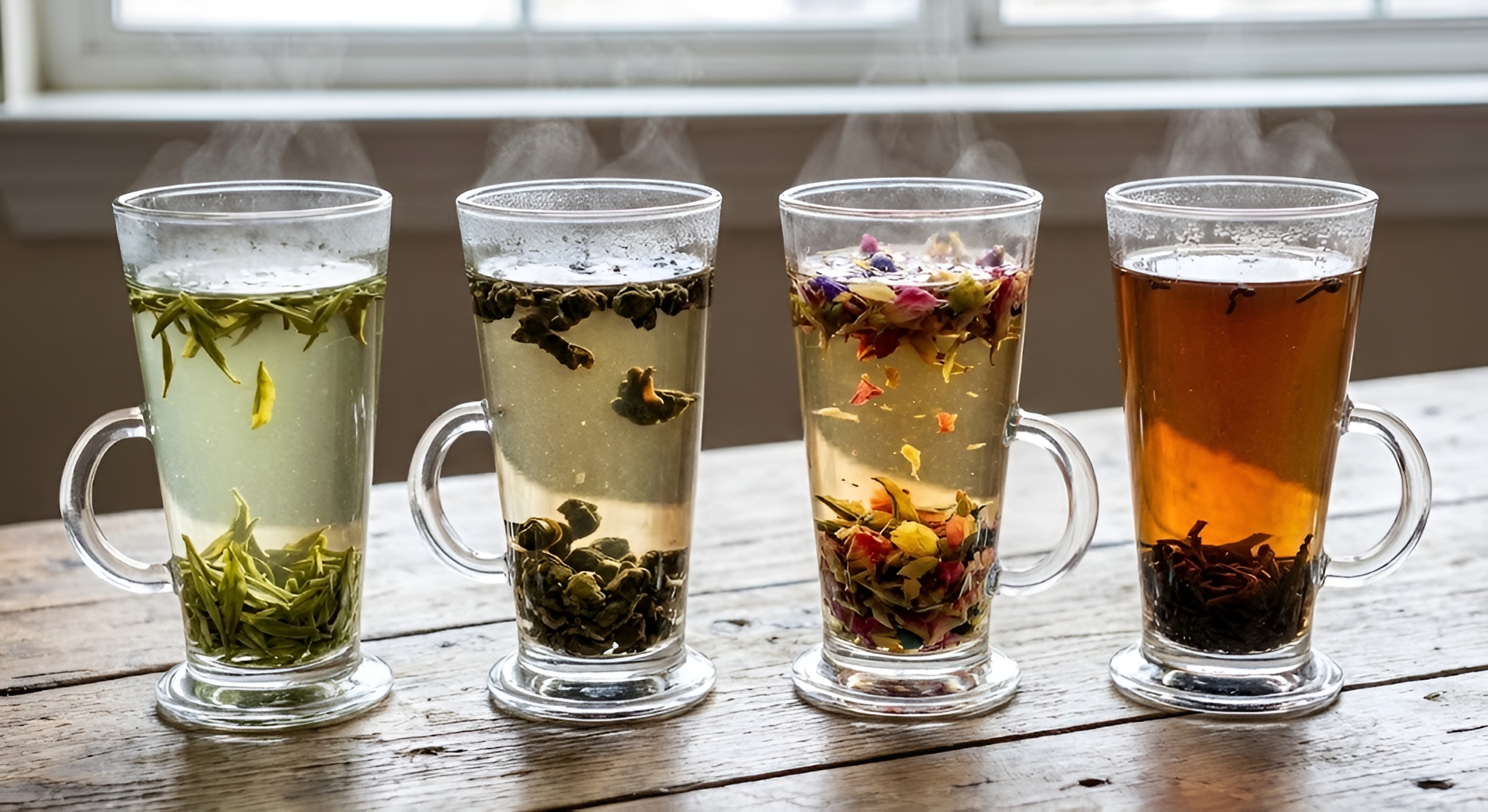 A collection of tall glass mugs filled with tea leaves and hot water.