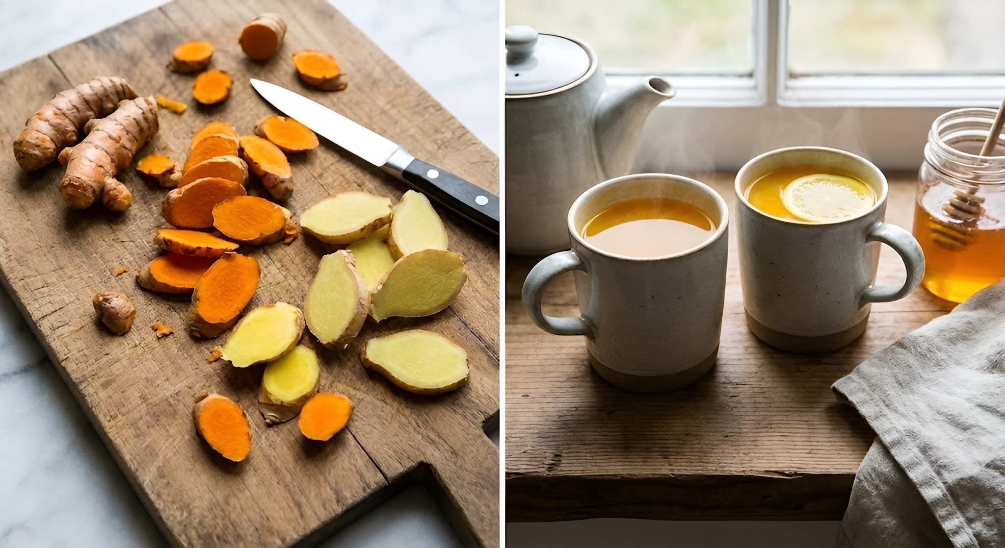 Fresh turmeric and ginger roots sliced on a cutting board next to tea.