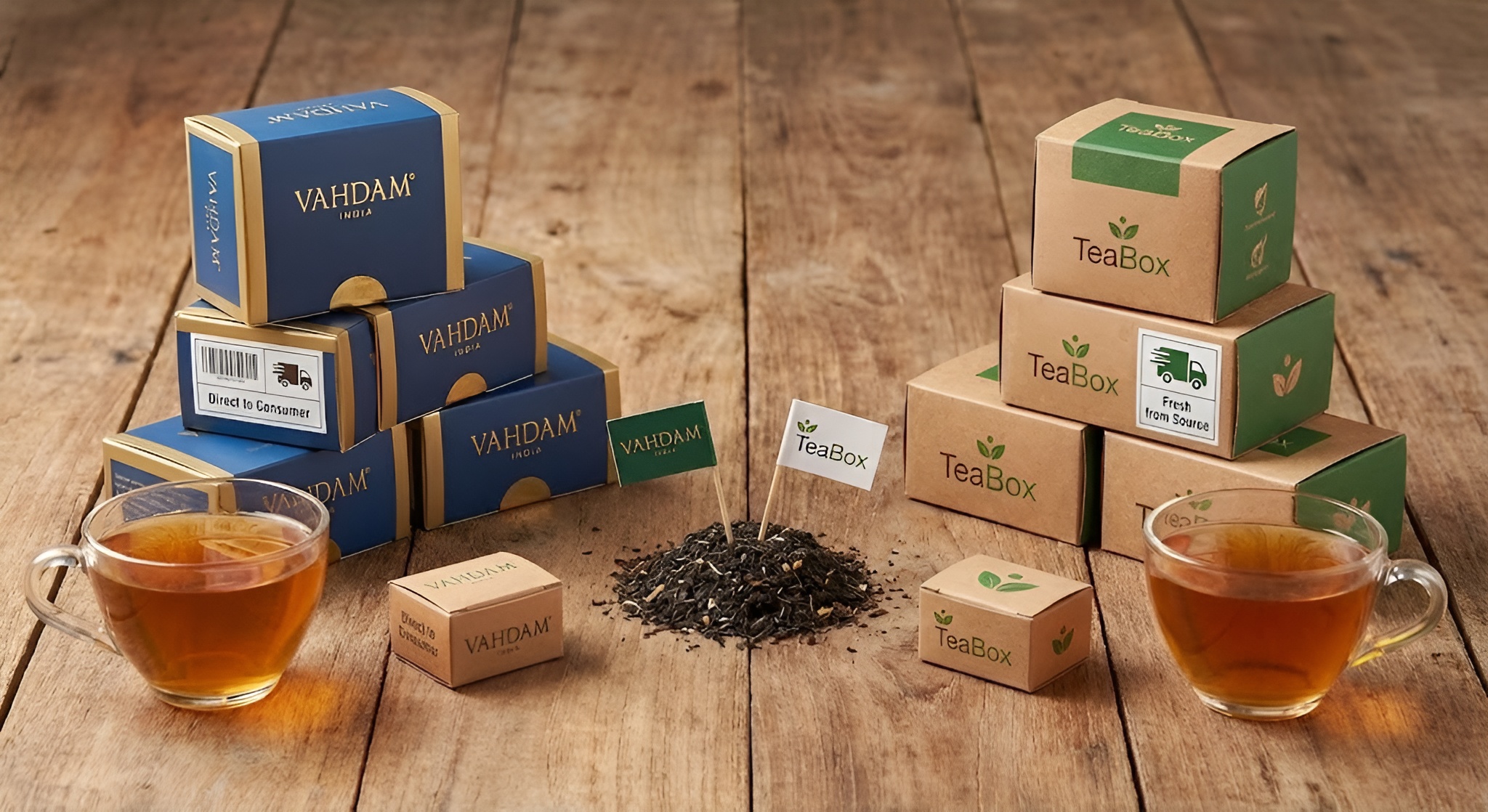 A variety of Vahdam and Teabox tea packages and loose leaf tea on a table.
