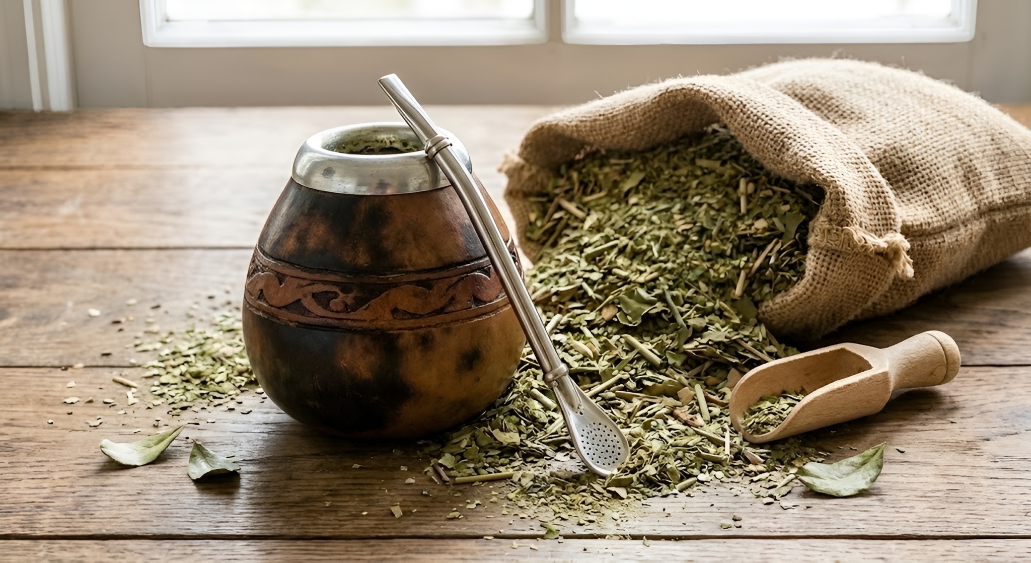 A traditional Yerba Mate gourd and bombilla surrounded by loose leaf herb.